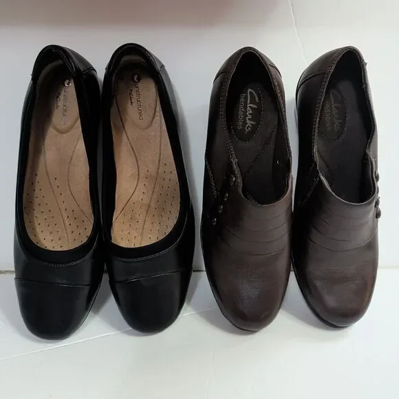 (2) Pair of Clarks,Bendables Women Brown Leather Slip 7M, Black Unstructured 7.5 - Picture 5 of 16